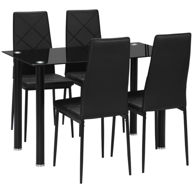 HOMCOM Dining Table and Chairs Set, 4 Seater Modern Dining Set with Glass Tabletop Foam Pads, and Steel Frame, Black - Aosom UK - image 1