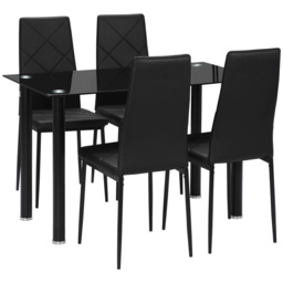 HOMCOM Dining Table and Chairs Set, 4 Seater Modern Dining Set with Glass Tabletop Foam Pads, and Steel Frame, Black - Aosom UK