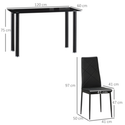 HOMCOM Dining Table and Chairs Set, 4 Seater Modern Dining Set with Glass Tabletop Foam Pads, and Steel Frame, Black - Aosom UK - thumbnail 3