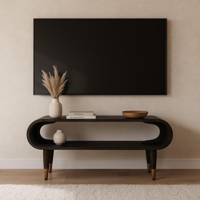 Curved-Edge Solid Mango Wood Media Unit with Brass Accents, Open Slot, Hand-finished Table with Tapered Legs, 35L x 90W x 42H cm, Brown - Aosom UK - image 1