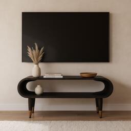 Curved-Edge Solid Mango Wood Media Unit with Brass Accents, Open Slot, Hand-finished Table with Tapered Legs, 35L x 90W x 42H cm, Brown - Aosom UK