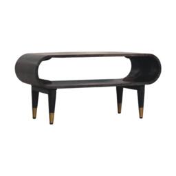Curved-Edge Solid Mango Wood Media Unit with Brass Accents, Open Slot, Hand-finished Table with Tapered Legs, 35L x 90W x 42H cm, Brown - Aosom UK - thumbnail 6