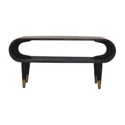 Curved-Edge Solid Mango Wood Media Unit with Brass Accents, Open Slot, Hand-finished Table with Tapered Legs, 35L x 90W x 42H cm, Brown - Aosom UK - thumbnail 2