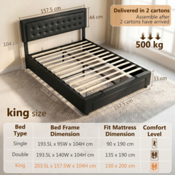 HOMCOM King Ottoman Bed Frame, Upholstered Bed Frame with Storage Drawer and Adjustable Headboard, 5ft, Black - thumbnail 3
