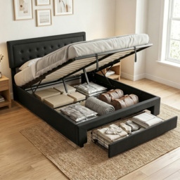 HOMCOM King Ottoman Bed Frame, Upholstered Bed Frame with Storage Drawer and Adjustable Headboard, 5ft, Black - thumbnail 2