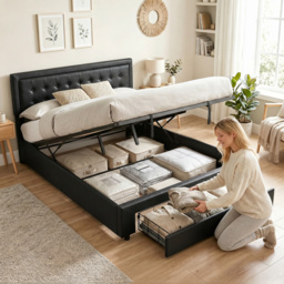 HOMCOM King Ottoman Bed Frame, Upholstered Bed Frame with Storage Drawer and Adjustable Headboard, 5ft, Black - thumbnail 8
