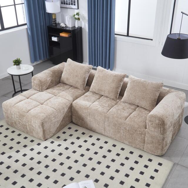 Oversized Modular L-Shaped Sofa with Deep-Seated Sleeper Design, Plush Sectional Sofa with Hidden Side Pockets, 250L x 158W x 60H cm, Khaki - Aosom UK - image 1