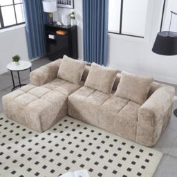Oversized Modular L-Shaped Sofa with Deep-Seated Sleeper Design, Plush Sectional Sofa with Hidden Side Pockets, 250L x 158W x 60H cm, Khaki - Aosom UK