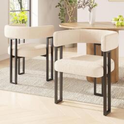2-Piece Flannel Fabric Dining Chairs with Curved Backrest and Thick Plush Seat, Kitchen Chairs with Metal Legs, 51.5L x 54W x 72H cm, Beige - Aosom UK