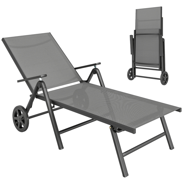 Outsunny Folding Sun Lounger with Wheels, 5-Position Adjustable Garden Chaise Lounge Sunbed with Armrests, Metal Frame Outdoor Portable Reclining Chair for Beach, Porch, Grey - image 1