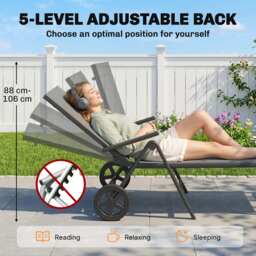 Outsunny Folding Sun Lounger with Wheels, 5-Position Adjustable Garden Chaise Lounge Sunbed with Armrests, Metal Frame Outdoor Portable Reclining Chair for Beach, Porch, Grey - thumbnail 4