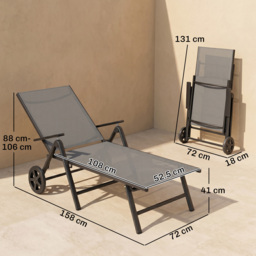 Outsunny Folding Sun Lounger with Wheels, 5-Position Adjustable Garden Chaise Lounge Sunbed with Armrests, Metal Frame Outdoor Portable Reclining Chair for Beach, Porch, Grey - thumbnail 3
