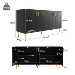 Modern Sideboard with Gold Handles & Feet, Easy-Clean Storage Cabinet for Dining/Living Room, 152x40x75 cm, Black - Aosom UK - thumbnail 3