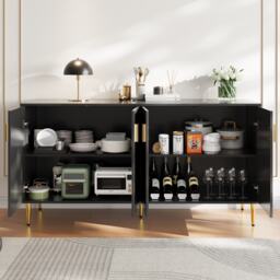 Modern Sideboard with Gold Handles & Feet, Easy-Clean Storage Cabinet for Dining/Living Room, 152x40x75 cm, Black - Aosom UK - thumbnail 8