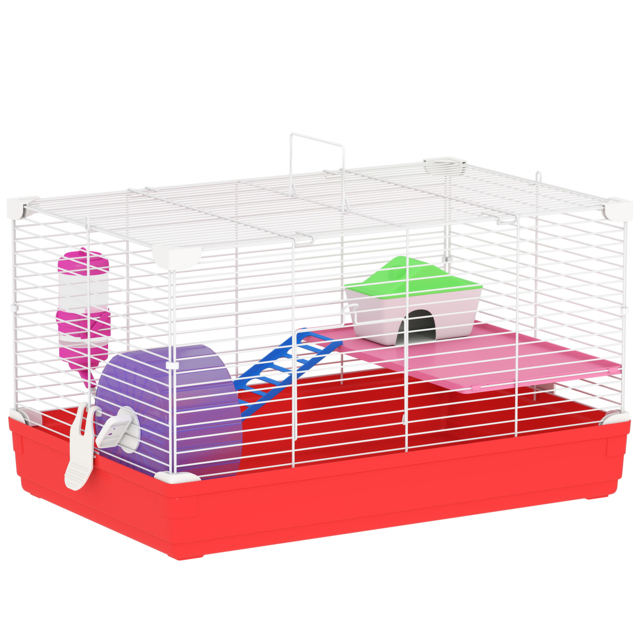 PawHut Dwarf Hamster Metal Cage w/ Tunnels Exercise Wheel Water Bottle Dishes Red and White - Aosom UK - image 1