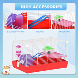 PawHut Dwarf Hamster Metal Cage w/ Tunnels Exercise Wheel Water Bottle Dishes Red and White - Aosom UK - thumbnail 6