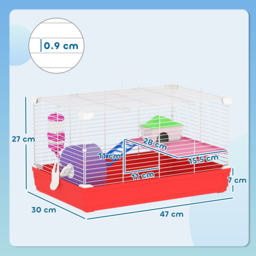 PawHut Dwarf Hamster Metal Cage w/ Tunnels Exercise Wheel Water Bottle Dishes Red and White - Aosom UK - thumbnail 3