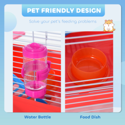 PawHut Dwarf Hamster Metal Cage w/ Tunnels Exercise Wheel Water Bottle Dishes Red and White - Aosom UK - thumbnail 4