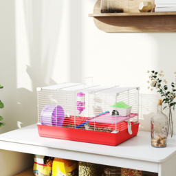 PawHut Dwarf Hamster Metal Cage w/ Tunnels Exercise Wheel Water Bottle Dishes Red and White - Aosom UK - thumbnail 2