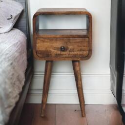 Solid Mango Wood Mini Curved Bedside Table with Drawer and Open Shelf, Desk with Aged Weathered Finish, 30L x 30W x 55H cm, Brown - Aosom UK - thumbnail 1