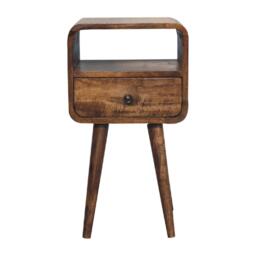 Solid Mango Wood Mini Curved Bedside Table with Drawer and Open Shelf, Desk with Aged Weathered Finish, 30L x 30W x 55H cm, Brown - Aosom UK - thumbnail 2