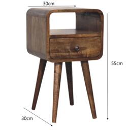 Solid Mango Wood Mini Curved Bedside Table with Drawer and Open Shelf, Desk with Aged Weathered Finish, 30L x 30W x 55H cm, Brown - Aosom UK - thumbnail 3