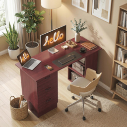 HOMCOM Computer Desk, Writing Table, PC Workstation with 3 Storage Shelves and Drawers, Handle, for Home Office, Walnut Brown - thumbnail 7
