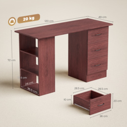HOMCOM Computer Desk, Writing Table, PC Workstation with 3 Storage Shelves and Drawers, Handle, for Home Office, Walnut Brown - thumbnail 3