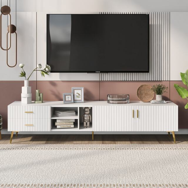 Modern TV Units with Storage for 75-Inch Televisions, MDF Construction, Metal Legs, Corner TV Stand for Living Room, 180x35x41 cm, White - Aosom.UK - image 1