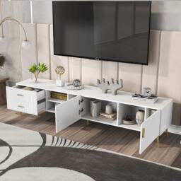 Modern TV Units with Storage for 75-Inch Televisions, MDF Construction, Metal Legs, Corner TV Stand for Living Room, 180x35x41 cm, White - Aosom.UK - thumbnail 8