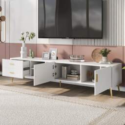 Modern TV Units with Storage for 75-Inch Televisions, MDF Construction, Metal Legs, Corner TV Stand for Living Room, 180x35x41 cm, White - Aosom.UK - thumbnail 9