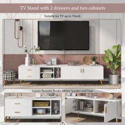 Modern TV Units with Storage for 75-Inch Televisions, MDF Construction, Metal Legs, Corner TV Stand for Living Room, 180x35x41 cm, White - Aosom.UK - thumbnail 4