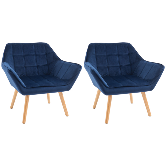 HOMCOM Armchair Accent Chair Wide Arms Slanted Back Padding Iron Frame Wooden Legs Home Bedroom Furniture Seating Set of 2 Blue - Aosom UK - image 1