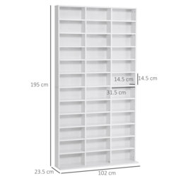 HOMCOM CD / DVD Storage Shelf Storage Unit for 1116 CDs Height-Adjustable Compartments 102 x 24 x 195 cm White - thumbnail 3