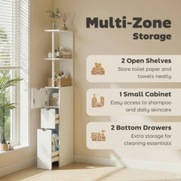 HOMCOM Slim Bathroom Storage Cabinet with Drawers, Tall Bathroom Cupboard with 2-Tier Shelf, White - thumbnail 5