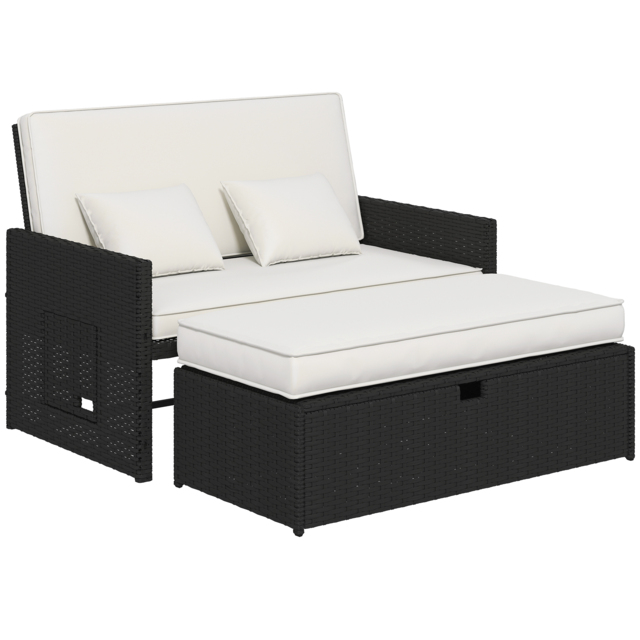 Outsunny Rattan Garden Daybed, Assembled Double Sun Lounger with 5-Level Adjustable Back, Storage Ottoman, Cream White - image 1