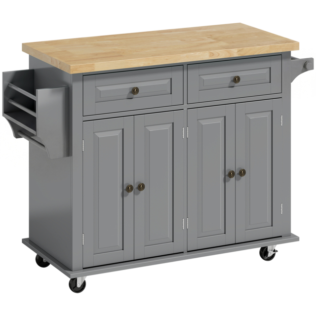 HOMCOM Rolling Kitchen Island Storage Trolley with Rubber Wood Top & Drawers for Dining Room, Grey - Aosom UK - image 1