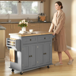 HOMCOM Rolling Kitchen Island Storage Trolley with Rubber Wood Top & Drawers for Dining Room, Grey - Aosom UK - thumbnail 8