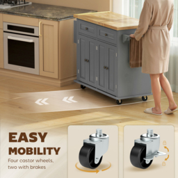HOMCOM Rolling Kitchen Island Storage Trolley with Rubber Wood Top & Drawers for Dining Room, Grey - Aosom UK - thumbnail 7