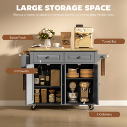 HOMCOM Rolling Kitchen Island Storage Trolley with Rubber Wood Top & Drawers for Dining Room, Grey - Aosom UK - thumbnail 6