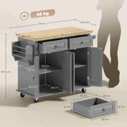 HOMCOM Rolling Kitchen Island Storage Trolley with Rubber Wood Top & Drawers for Dining Room, Grey - Aosom UK - thumbnail 3
