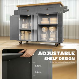 HOMCOM Rolling Kitchen Island Storage Trolley with Rubber Wood Top & Drawers for Dining Room, Grey - Aosom UK - thumbnail 5