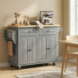 HOMCOM Rolling Kitchen Island Storage Trolley with Rubber Wood Top & Drawers for Dining Room, Grey - Aosom UK - thumbnail 9