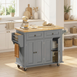 HOMCOM Rolling Kitchen Island Storage Trolley with Rubber Wood Top & Drawers for Dining Room, Grey - Aosom UK - thumbnail 2