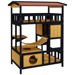 PawHut Outdoor Cat Shelter, Four-Tier Wooden Feral Cat House, with Suspension Bridge, Cat Houses, Balcony, Escape Doors - thumbnail 1