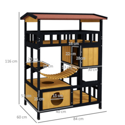 PawHut Outdoor Cat Shelter, Four-Tier Wooden Feral Cat House, with Suspension Bridge, Cat Houses, Balcony, Escape Doors - thumbnail 3