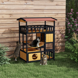 PawHut Outdoor Cat Shelter, Four-Tier Wooden Feral Cat House, with Suspension Bridge, Cat Houses, Balcony, Escape Doors - thumbnail 2