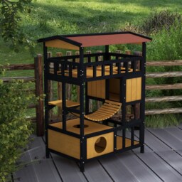 PawHut Outdoor Cat Shelter, Four-Tier Wooden Feral Cat House, with Suspension Bridge, Cat Houses, Balcony, Escape Doors - thumbnail 9