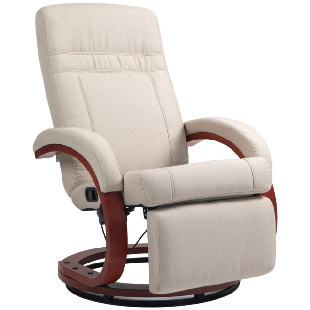 HOMCOM Swivel Recliner Chair with Extended Footrest, Manual Reclining Armchair with Wood Base for Living Room, Bedroom, Beige - Aosom UK - image 1