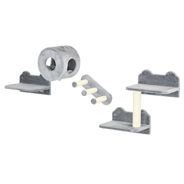 PawHut 4PCs Wall Mounted Cat Tree Cat Wall Furniture with Platforms, Steps, Scratching Post, Perch, Cat Condo for Indoor Cat - Grey - image 1
